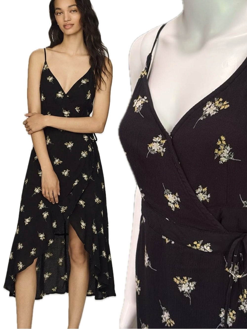 Abercrombie & Fitch Floral Crinkled Midi Sundress Size M Wrap Front Ruffle Hem